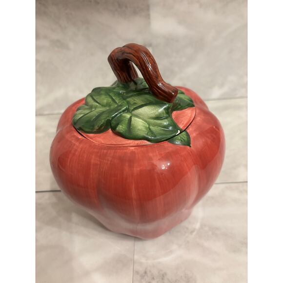 Vintage 1997 Cracker Barrel Red Delicious Apple Ceramic Cookie Jar Green Leaves - Picture 4 of 8